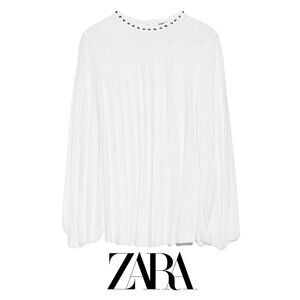 ZARA White Pleated Shirt Long Sleeve With Stud spike APPLIQUÉS